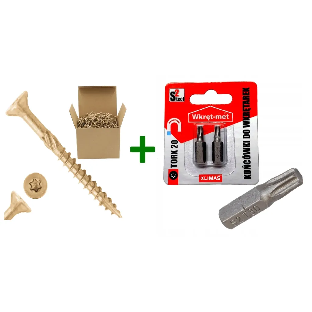 Wkręty do drewna stożkowe z gwintem ząbkowanym TX20 4x30 + Końcówki do wkrętarek, bit TORX TX20 - 2 szt.