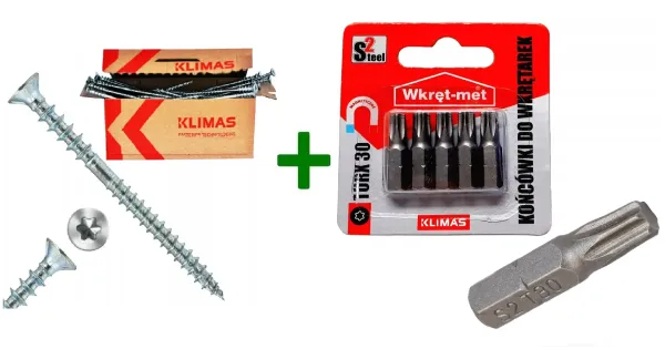 Wkręty dystansowe do poziomowania łat TX30 6x130 Klimas + Końcówki do wkrętarek, bit TORX TX30 - 5 szt.