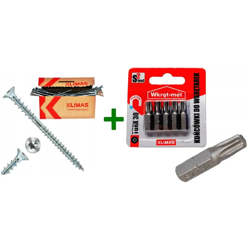 Wkręty dystansowe do poziomowania łat TX30 6x130 Klimas + Końcówki do wkrętarek, bit TORX TX30 - 5 szt.