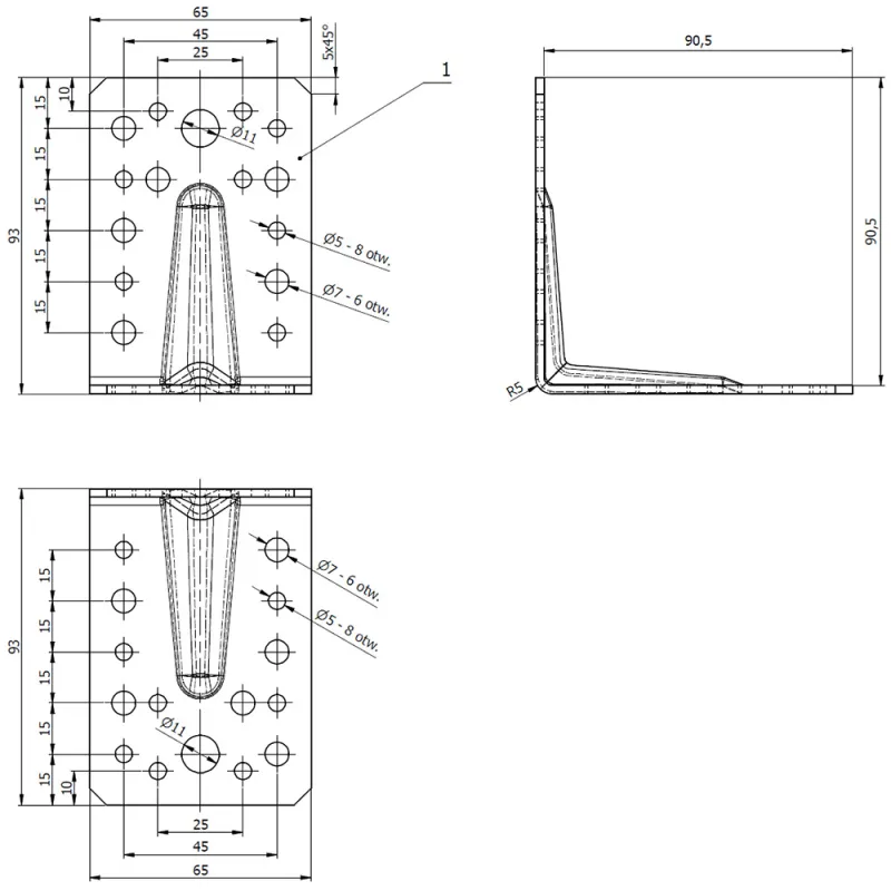 KP1 KĄTOWNIK CIESIELSKI ŁĄCZNIK Z PRZETŁOCZENIEM 90x90x65x2,5 10szt DOMAX