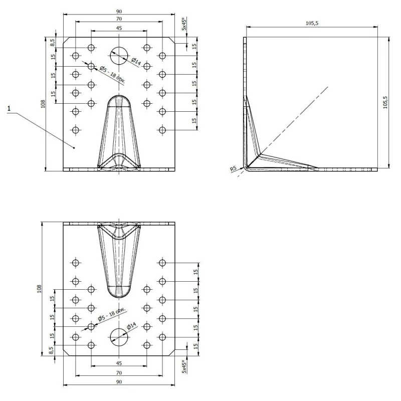 KP2 KĄTOWNIK CIESIELSKI ŁĄCZNIK Z PRZETŁOCZENIEM 105x105x90x2,5 10szt DOMAX