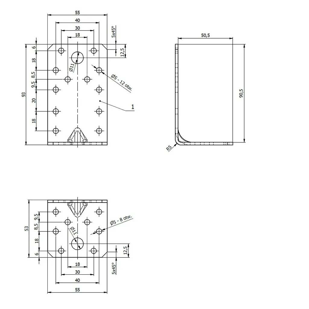 KP3 KĄTOWNIK CIESIELSKI ŁĄCZNIK Z PRZETŁOCZENIEM 90x50x55x2,5 10szt DOMAX