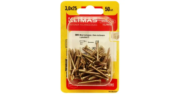 WKRĘTY HARTOWANE DO DREWNA 3x25 STOŻKOWE PZ1 OCYNK BLISTER KLIMAS 50 szt BWK-30025
