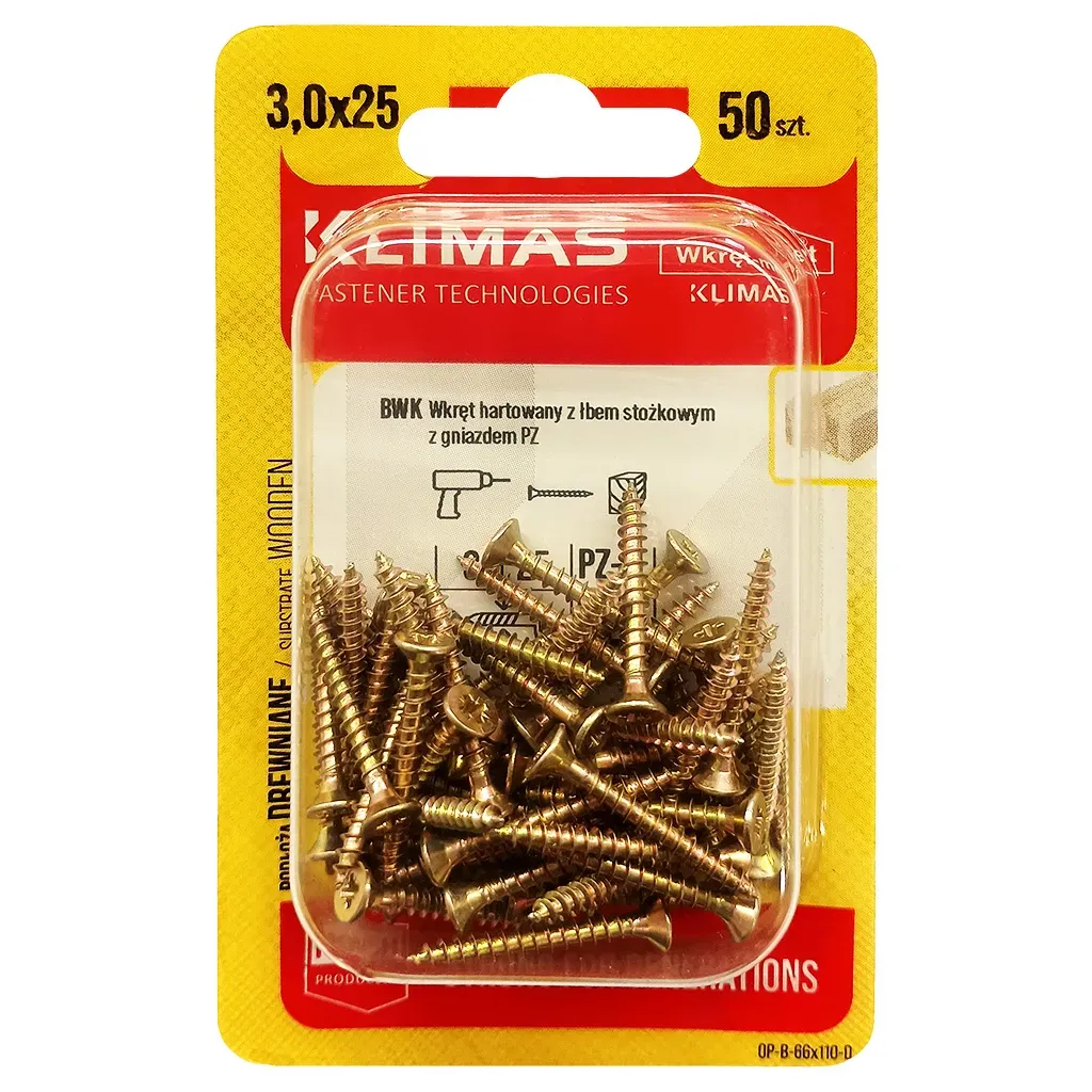 WKRĘTY HARTOWANE DO DREWNA 3x25 STOŻKOWE PZ1 OCYNK BLISTER KLIMAS 50 szt BWK-30025