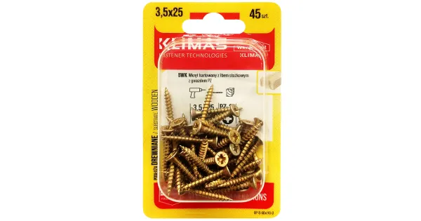 WKRĘTY HARTOWANE DO DREWNA 3,5x25 STOŻKOWE PZ2 OCYNK KLIMAS BLISTER 45 szt BWK-35025