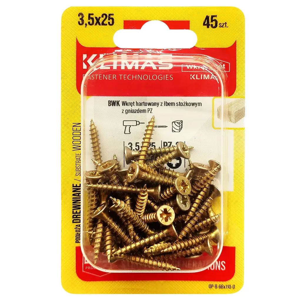 WKRĘTY HARTOWANE DO DREWNA 3,5x25 STOŻKOWE PZ2 OCYNK KLIMAS BLISTER 45 szt BWK-35025