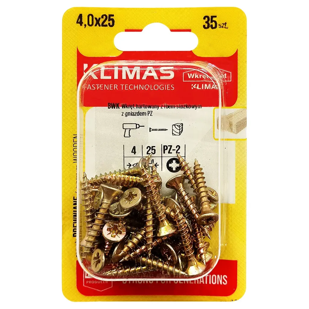 WKRĘTY HARTOWANE DO DREWNA 4x25 STOŻKOWE PZ2 OCYNK KLIMAS BLISTER 35 szt BWK-40025