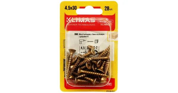 WKRĘTY HARTOWANE DO DREWNA 4,5x30 STOŻKOWE PZ2 OCYNK KLIMAS BLISTER 28 szt BWK-45030