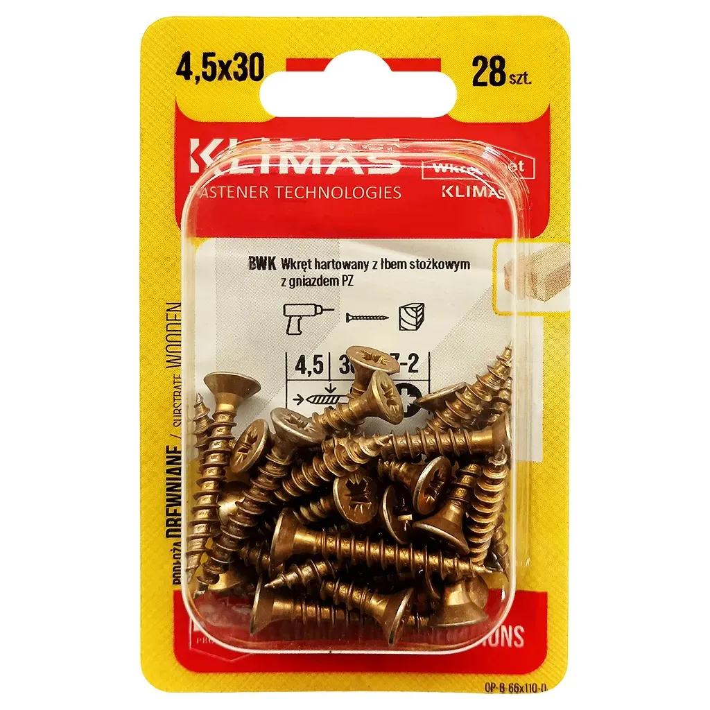 WKRĘTY HARTOWANE DO DREWNA 4,5x30 STOŻKOWE PZ2 OCYNK KLIMAS BLISTER 28 szt BWK-45030