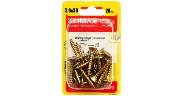 WKRĘTY HARTOWANE DO DREWNA 5x30 STOŻKOWE PZ2 OCYNK KLIMAS BLISTER 20szt BWK-50030