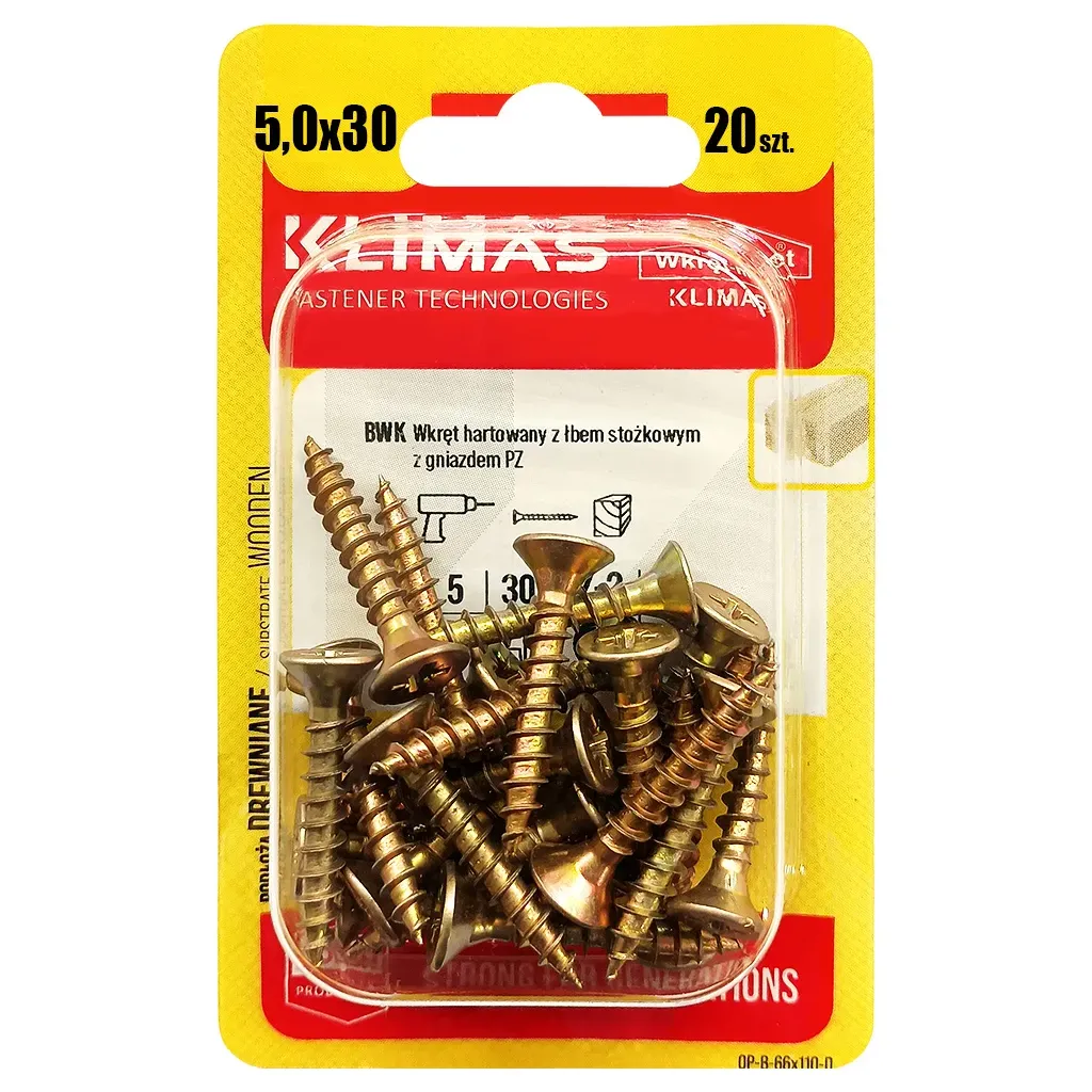 WKRĘTY HARTOWANE DO DREWNA 5x30 STOŻKOWE PZ2 OCYNK KLIMAS BLISTER 20szt BWK-50030