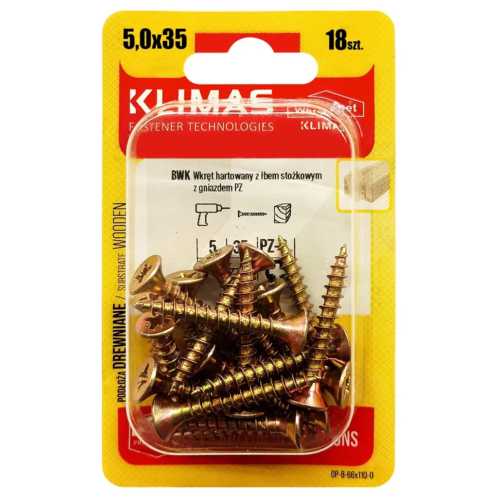 WKRĘTY HARTOWANE DO DREWNA 5x35 STOŻKOWE PZ2 OCYNK KLIMAS BLISTER 18 szt BWK-50035