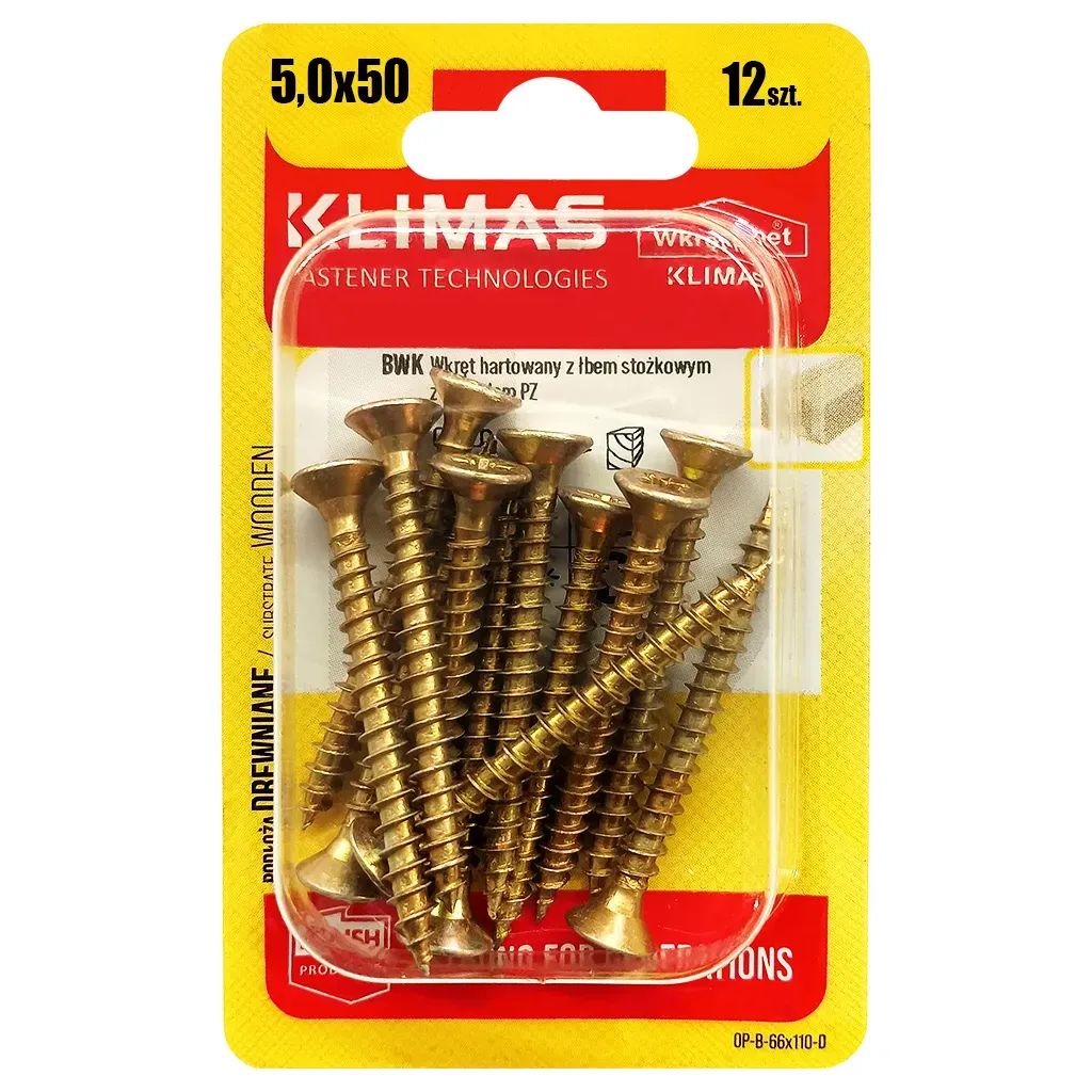 WKRĘTY HARTOWANE DO DREWNA 5x50 STOŻKOWE PZ2 OCYNK KLIMAS BLISTER 12szt BWK-50050