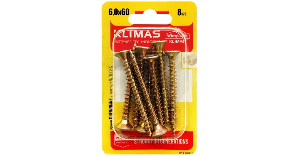 WKRĘTY HARTOWANE DO DREWNA 6x60 STOŻKOWE PZ2 OCYNK KLIMAS BLISTER 8 szt BWK-60060