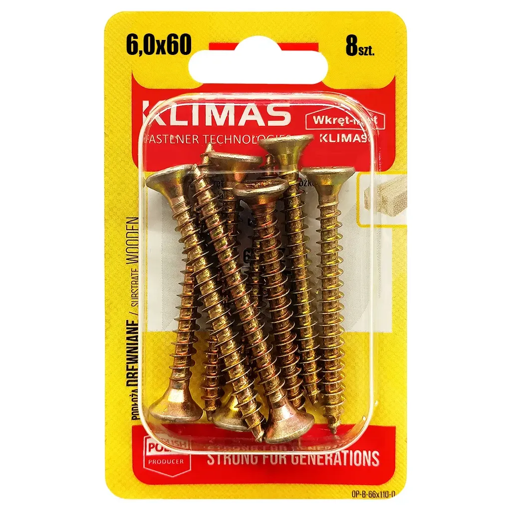 WKRĘTY HARTOWANE DO DREWNA 6x60 STOŻKOWE PZ2 OCYNK KLIMAS BLISTER 8 szt BWK-60060