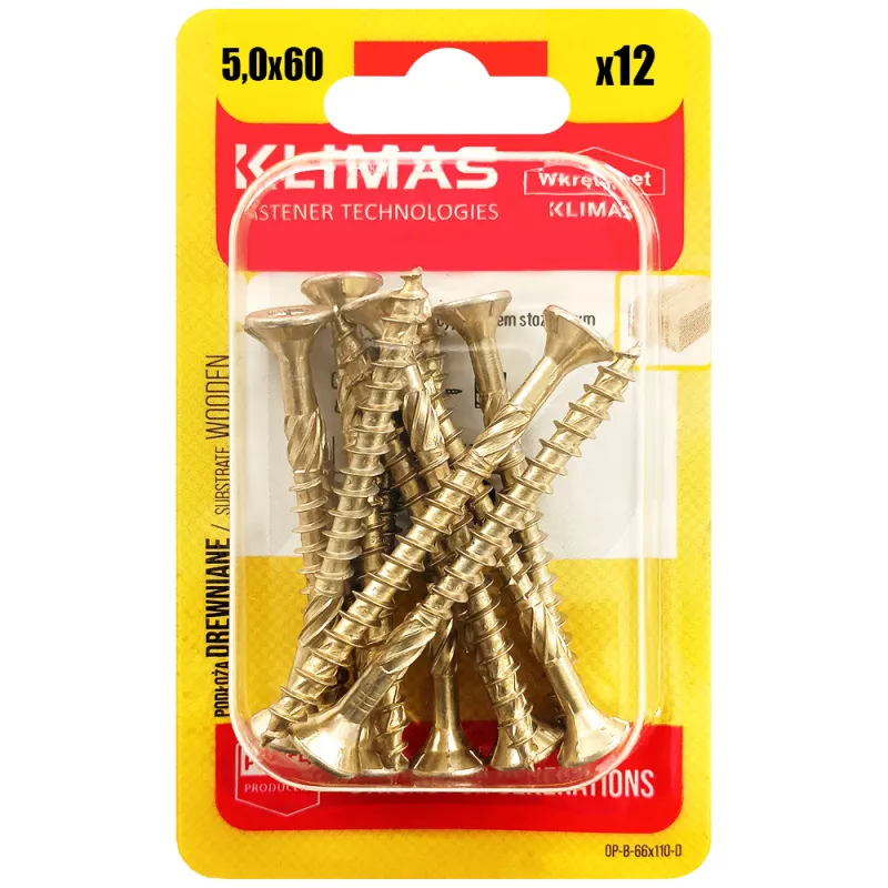 WKRĘTY CIESIELSKIE DO DREWNA 5x60 STOŻKOWE TORX BLISTER 12szt KLIMAS BWHT-50060