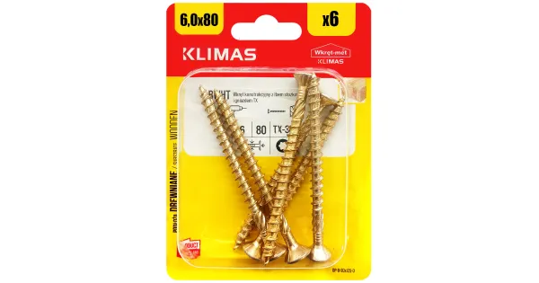 WKRĘTY CIESIELSKIE DO DREWNA 6x80 STOŻKOWE TORX BLISTER 6szt KLIMAS BWHT-60080