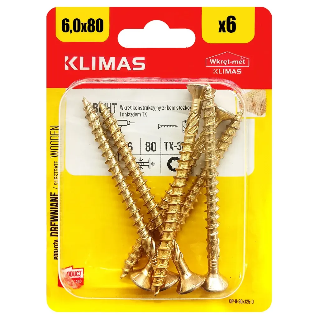 WKRĘTY CIESIELSKIE DO DREWNA 6x80 STOŻKOWE TORX BLISTER 6szt KLIMAS BWHT-60080