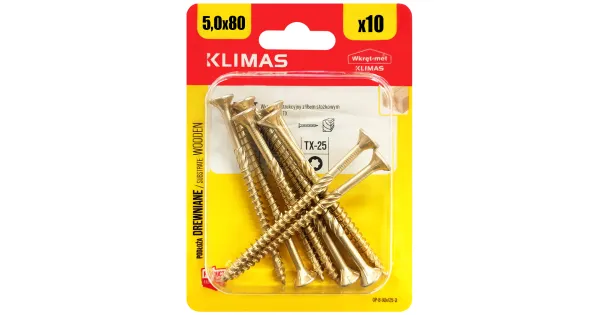 WKRĘTY CIESIELSKIE DO DREWNA 5x80 STOŻKOWE TORX BLISTER 10szt KLIMAS BWHT-50080