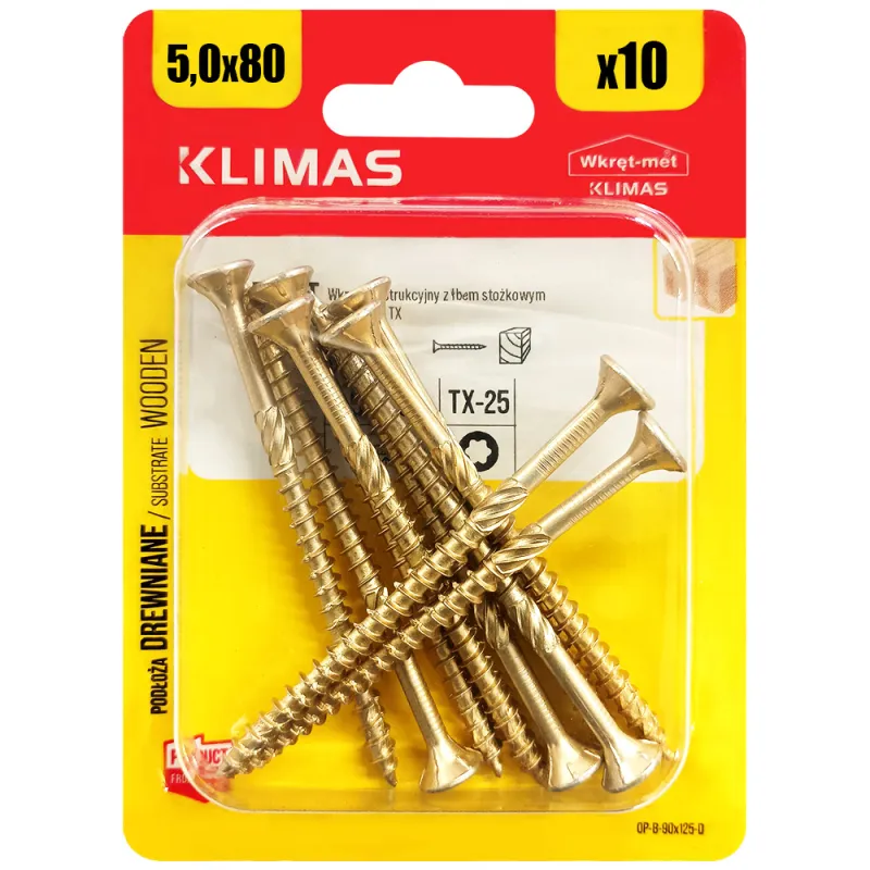 WKRĘTY CIESIELSKIE DO DREWNA 5x80 STOŻKOWE TORX BLISTER 10szt KLIMAS BWHT-50080