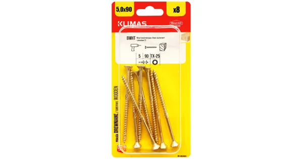 WKRĘTY CIESIELSKIE DO DREWNA 5x90 STOŻKOWE TORX BLISTER 8szt KLIMAS BWHT-50090