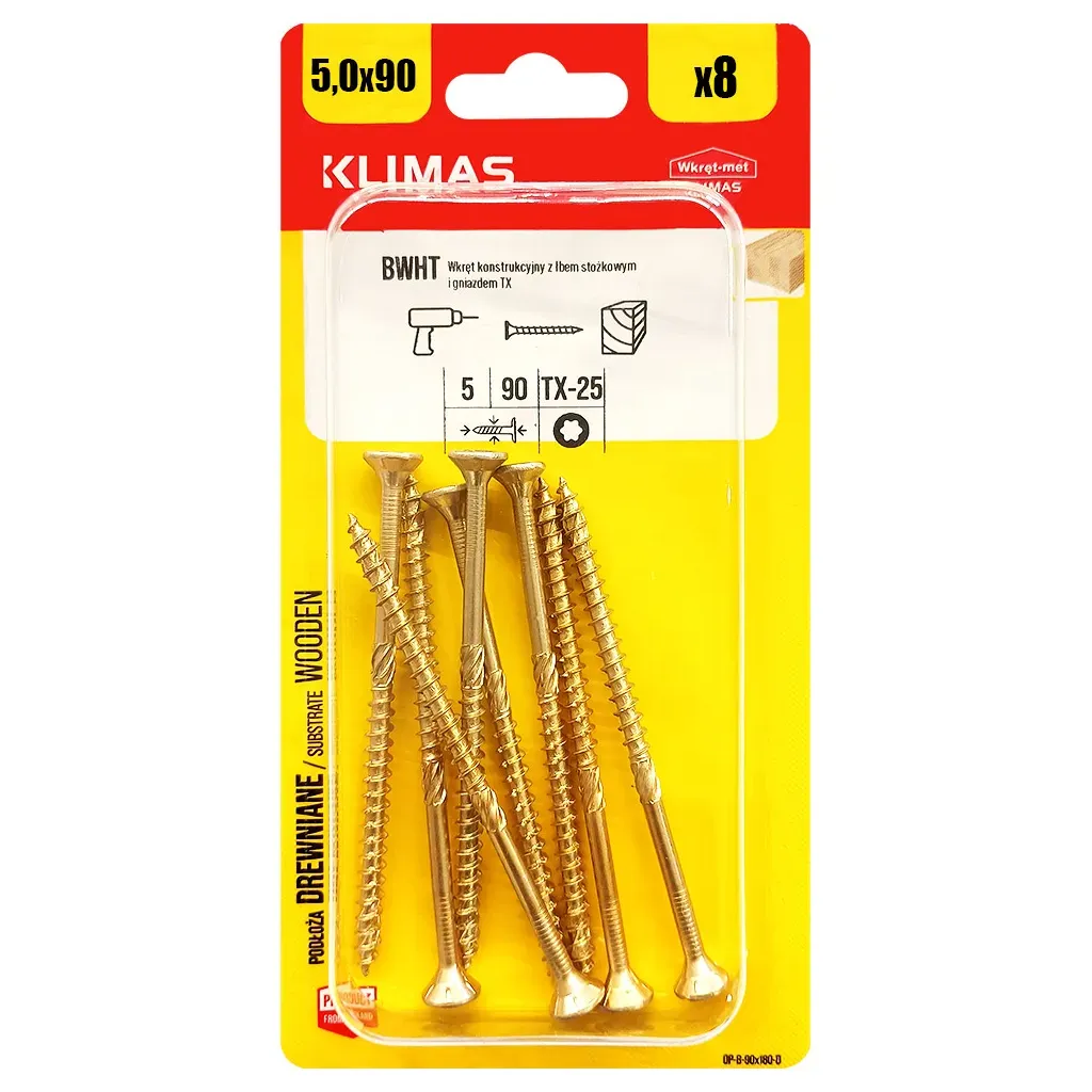 WKRĘTY CIESIELSKIE DO DREWNA 5x90 STOŻKOWE TORX BLISTER 8szt KLIMAS BWHT-50090
