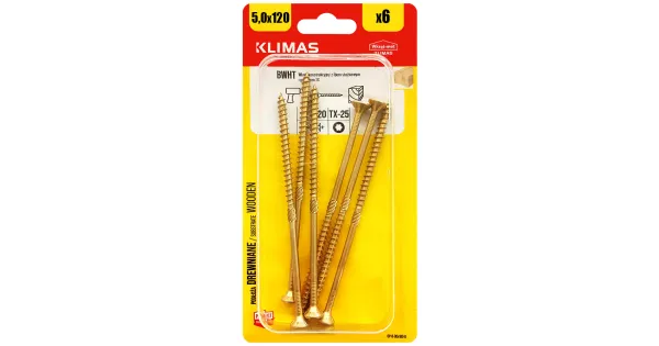 WKRĘTY CIESIELSKIE DO DREWNA 5x120 STOŻKOWE TORX BLISTER 6szt KLIMAS BWHT-50120