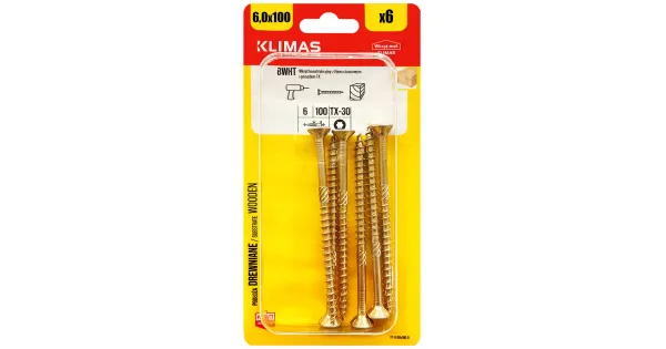 WKRĘTY CIESIELSKIE DO DREWNA 6x100 STOŻKOWE TORX BLISTER 6szt KLIMAS BWHT-60100