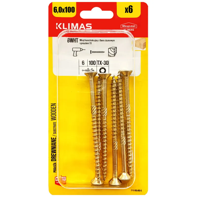 WKRĘTY CIESIELSKIE DO DREWNA 6x100 STOŻKOWE TORX BLISTER 6szt KLIMAS BWHT-60100