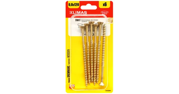 WKRĘTY CIESIELSKIE DO DREWNA 6x120 STOŻKOWE TORX BLISTER 6szt KLIMAS BWHT-60120