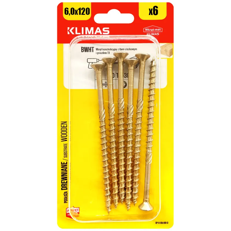 WKRĘTY CIESIELSKIE DO DREWNA 6x120 STOŻKOWE TORX BLISTER 6szt KLIMAS BWHT-60120