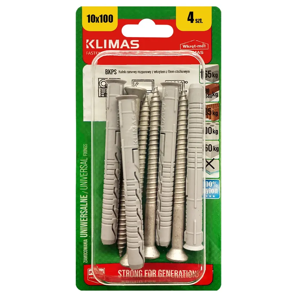 KOŁKI ROZPOROWE RAMOWE 10x100 STOŻKOWE TORX BLISTER 4szt KLIMAS BKPS-10100