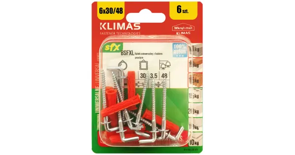 KOŁKI UNIWERSALNE Z HAKIEM PROSTYM 6x48 BLISTER 6szt KLIMAS                 BSFXL-06030048