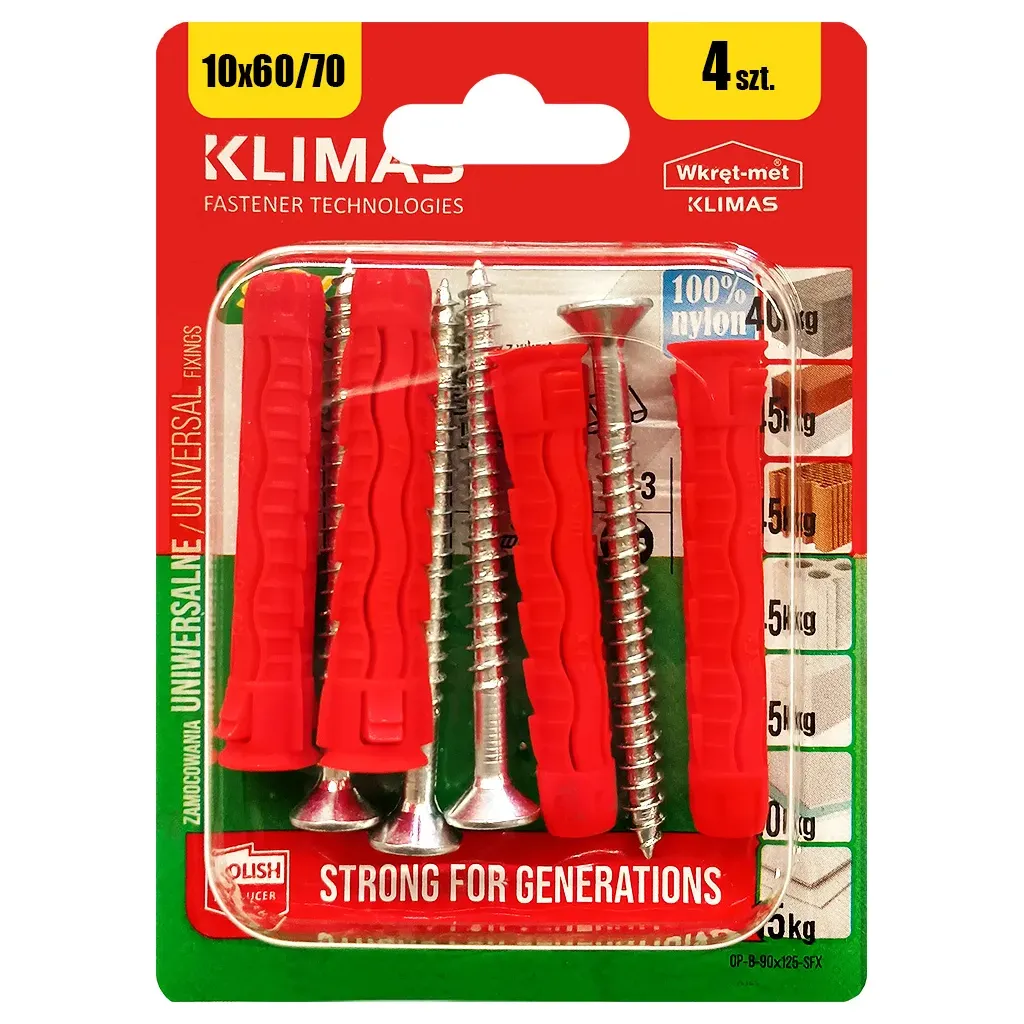 KOŁKI UNIWERSALNE 10x70 Z ŁBEM STOŻKOWYM PZ3 BLISTER 4szt KLIMAS BSFXP-10060070
