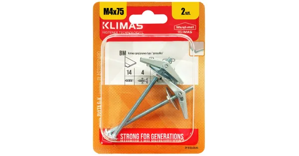 KOTWA SPRĘŻYNOWA PARASOLKA STALOWA M4x75 BLISTER 2szt KLIMAS                BM-04075