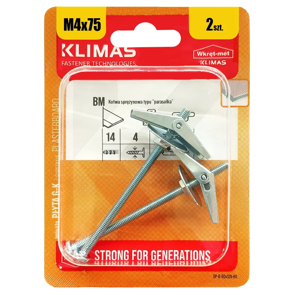 KOTWA SPRĘŻYNOWA PARASOLKA STALOWA M4x75 BLISTER 2szt KLIMAS                BM-04075