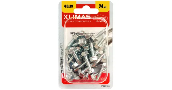 WKRĘTY SAMOWIERCĄCE DO BLACH 4,8x19 Z ŁEB SZESCIOKĄTNY BLISTER KLIMAS 24szt BWS-48019