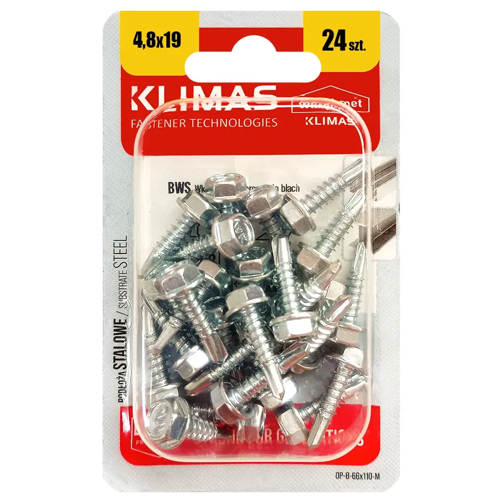WKRĘTY SAMOWIERCĄCE DO BLACH 4,8x19 Z ŁEB SZESCIOKĄTNY BLISTER KLIMAS 24szt BWS-48019