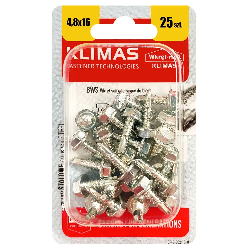 WKRĘTY SAMOWIERCĄCE DO BLACH 4,8x16 Z ŁEB SZESCIOKĄTNY BLISTER KLIMAS 25szt BWS-48016
